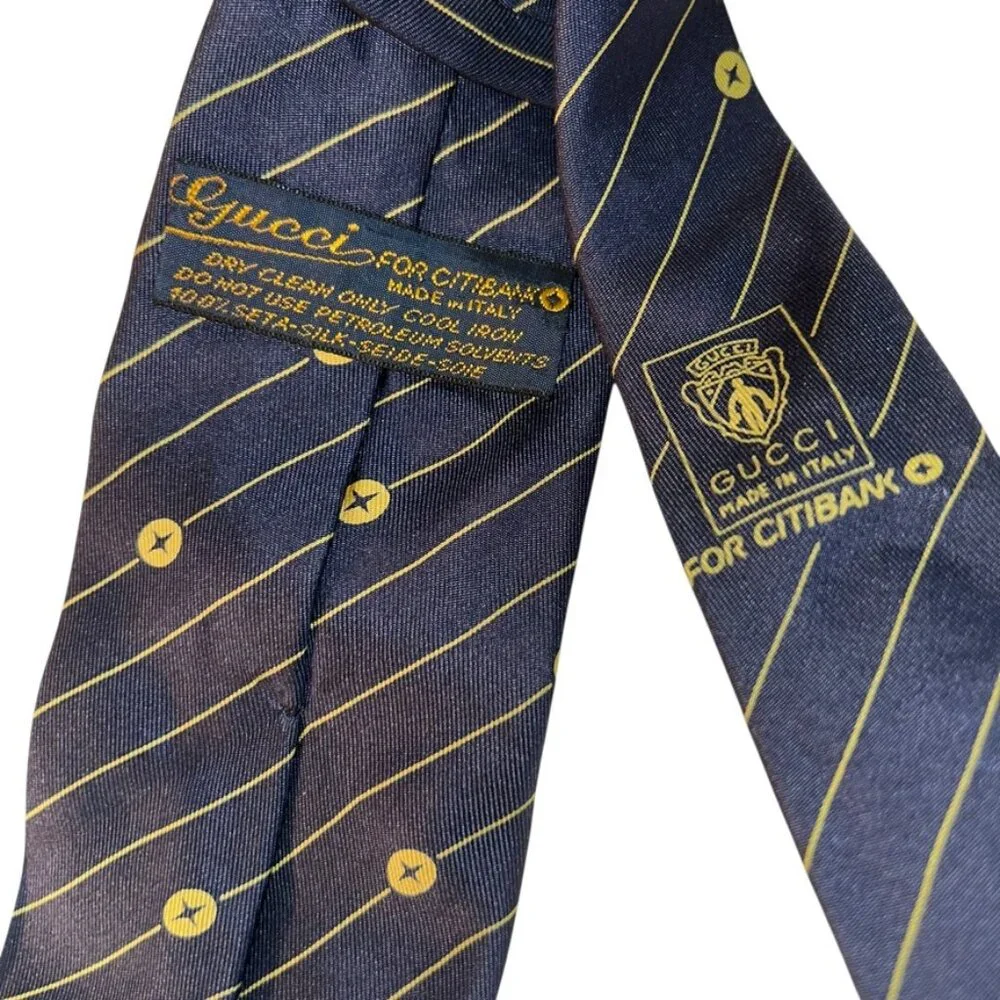 Gucci Italy blue gold cross print stripe 100% silk Italian desginer mens tie